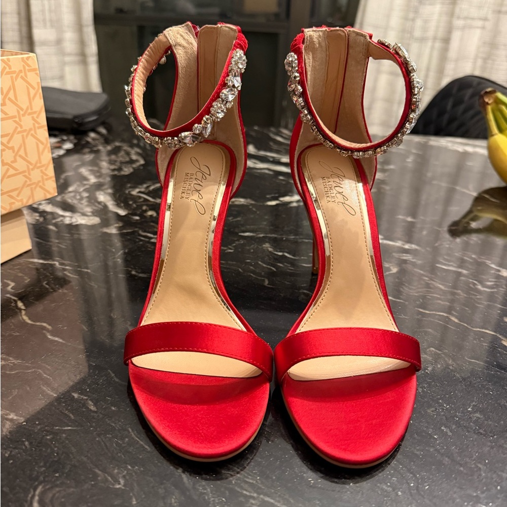 red heels with Dazzling Crystal Anklet Straps
Jewel Badgley Mischka heels 6.5